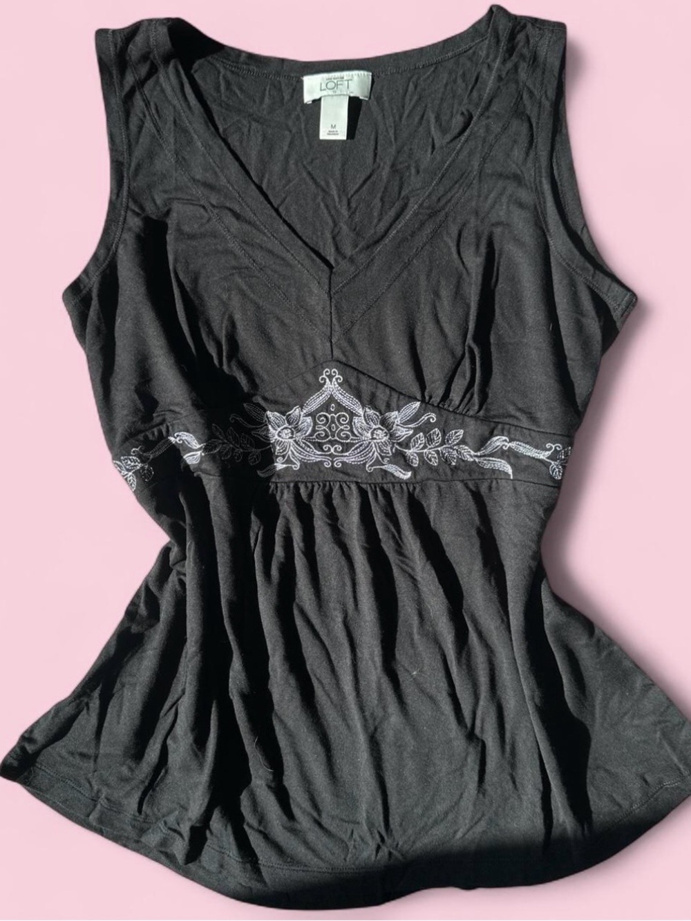 Ann Taylor LOFT Black V-Neck Embroidered Waist Tank Top